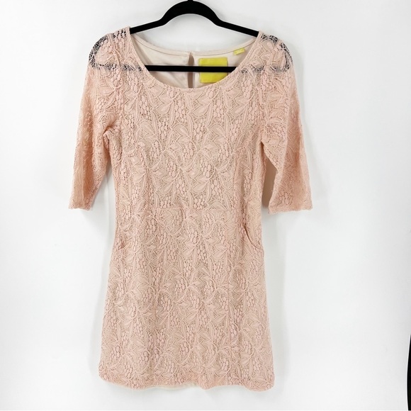✅ ANTHROPOLOGIE MAEVE PINK LACE 3/4 SLEEVE DRESS SIZE MEDIUM - Picture 2 of 8
